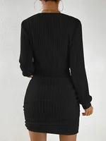Women's Autumn Winter Knitted Sweater Mini Dress Female Casual Solid Wrap V-neck Long Sleeve Warm Bodycon Short Dresses Robe - Image 4