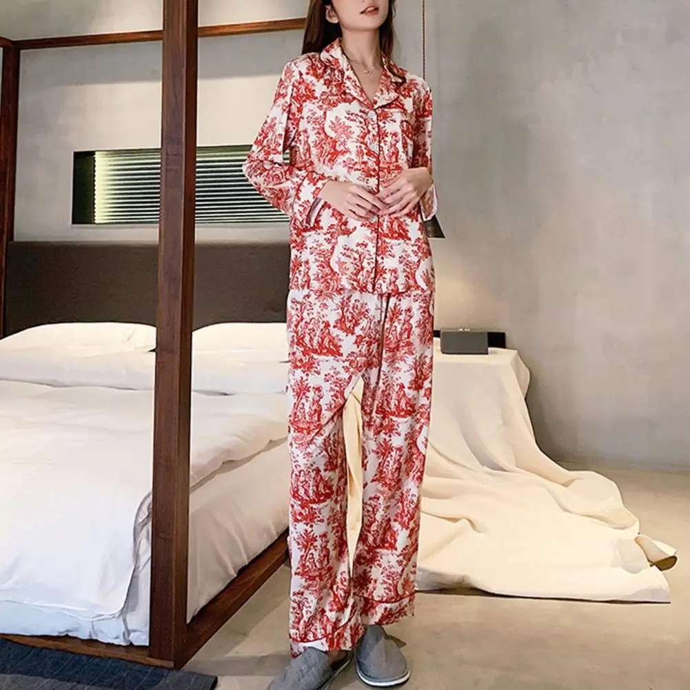 

Women Pajama Set Floral Print Women's Pajama Set Stylish Single-breasted Homewear with Loose Fit Lapel Pockets for Spring/fall