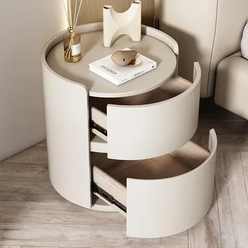 Comodino rotondo in pelle PU Design in stile crema comodino nordico unico moderno di lusso camera da letto mobili comodino bianco 1