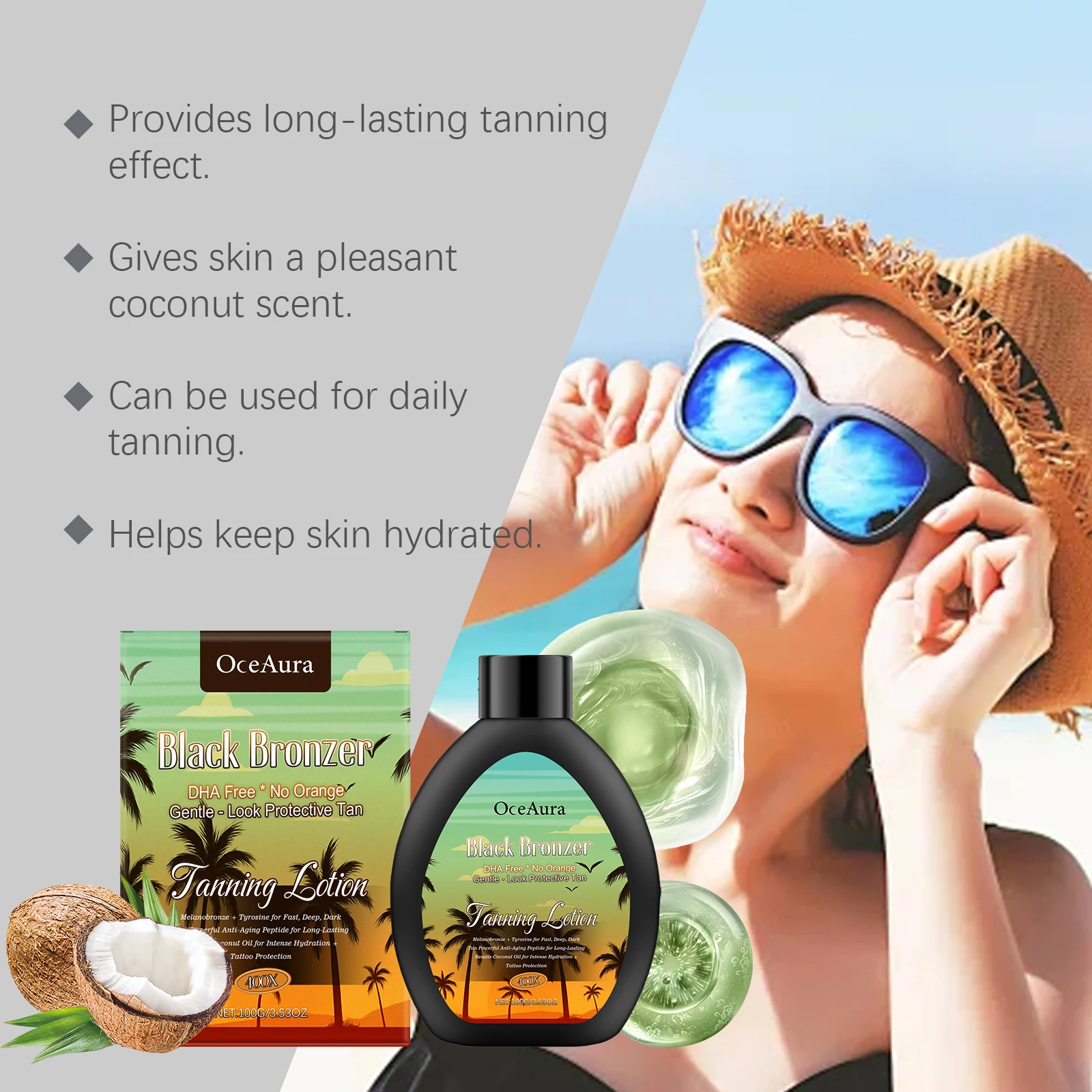 Crema abbronzante al cocco Acceleratore autobloccante naturale Bronzer duraturo Pelle idratante Lozione abbronzante intensiva estiva all'aperto 6