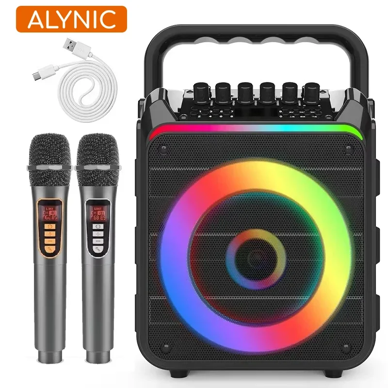 ALYNIC LED Karaoke Machine with Two Wireless Microphones Supports BT USB AUX TF Portable Bluetooth Speaker Adjustment PA System