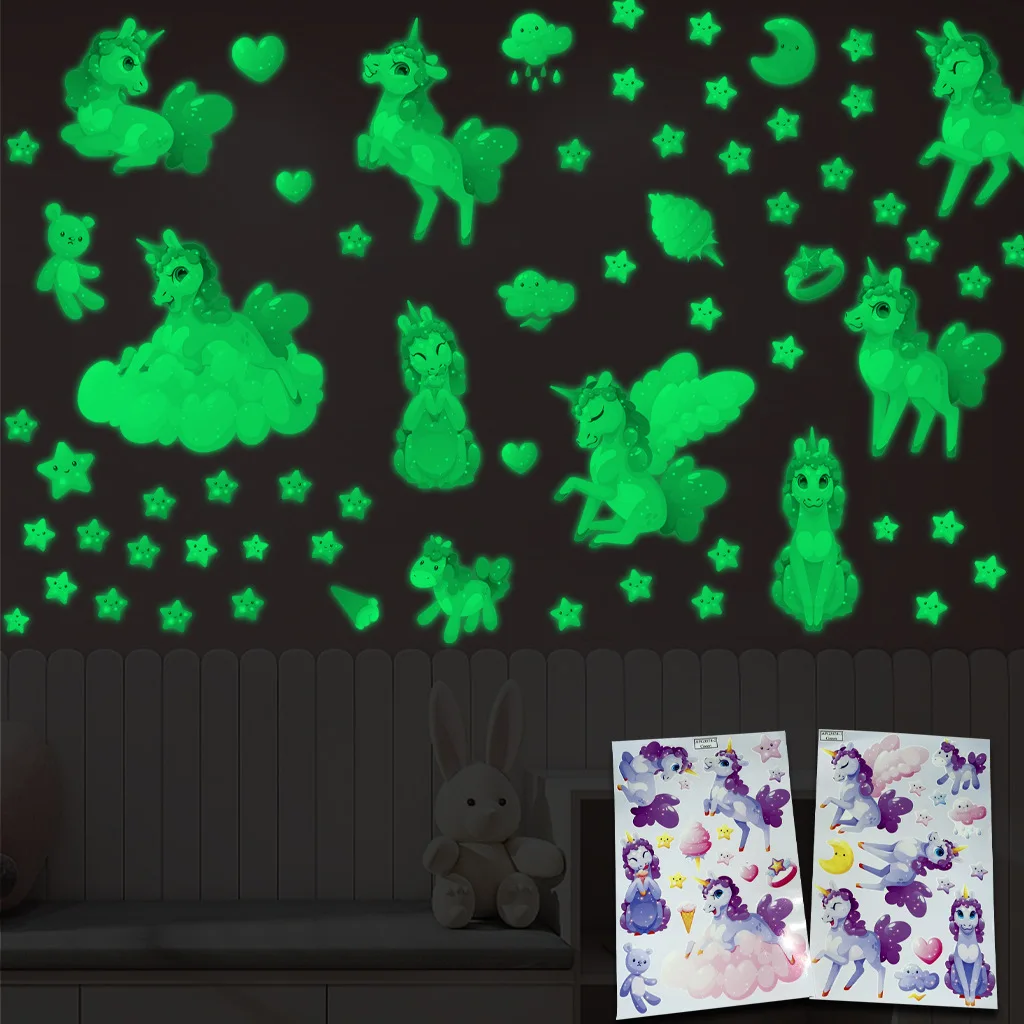 Cartoon Luminous Unicorn Wall Stickers For Kids Rooms Ceiling Home Decor Wall Decals Fluorescent Stars Glow In The Dark Stickers