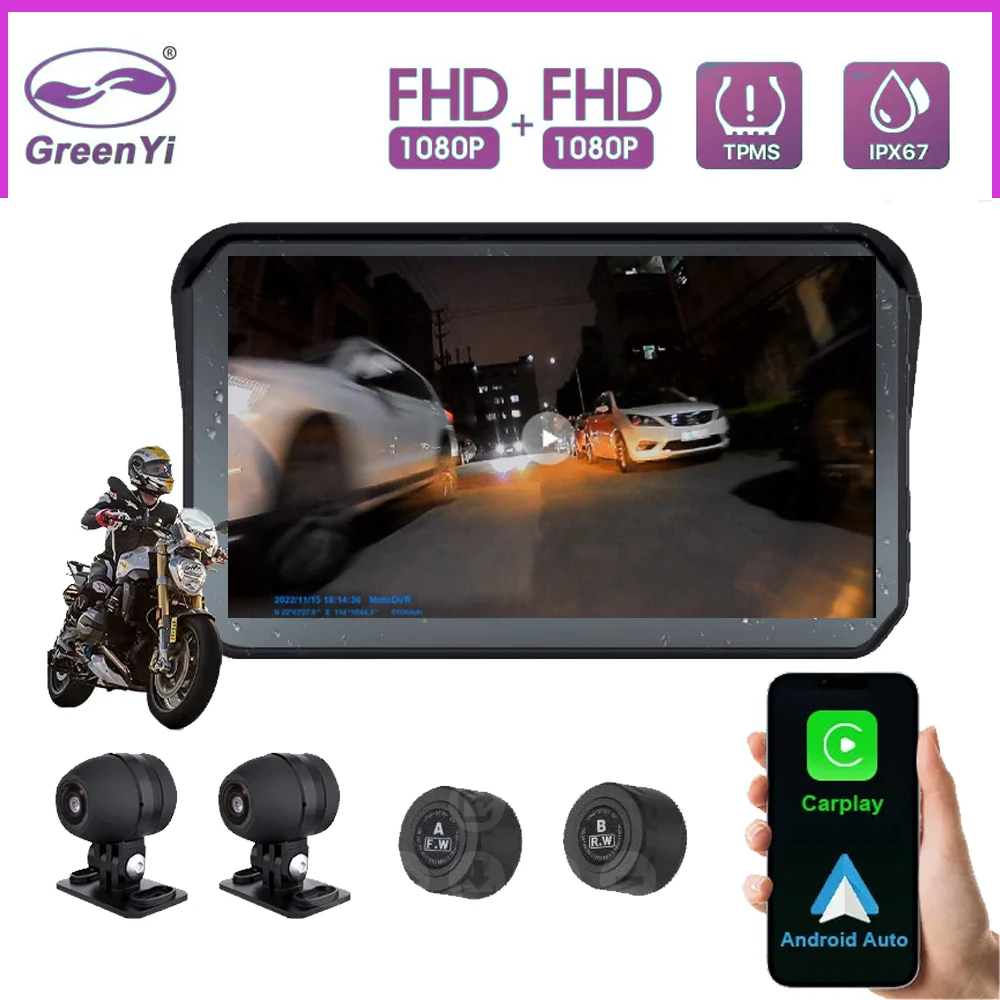 Greenyi Moto Carplay Impermeabile 1080P 5 Pollici Wifi Wireless Android-Auto Dvr Monitor Dash Cam Navigazione Gps Tpms