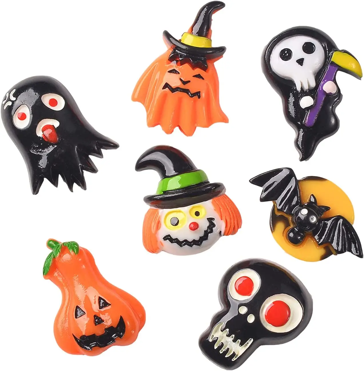 Pandahall 35pcs/Box Halloween Theme  Resin Cabochons Bat Pumpkin Witch Ghost Skull Slime Charms Beads for Jewelry Making  Clip