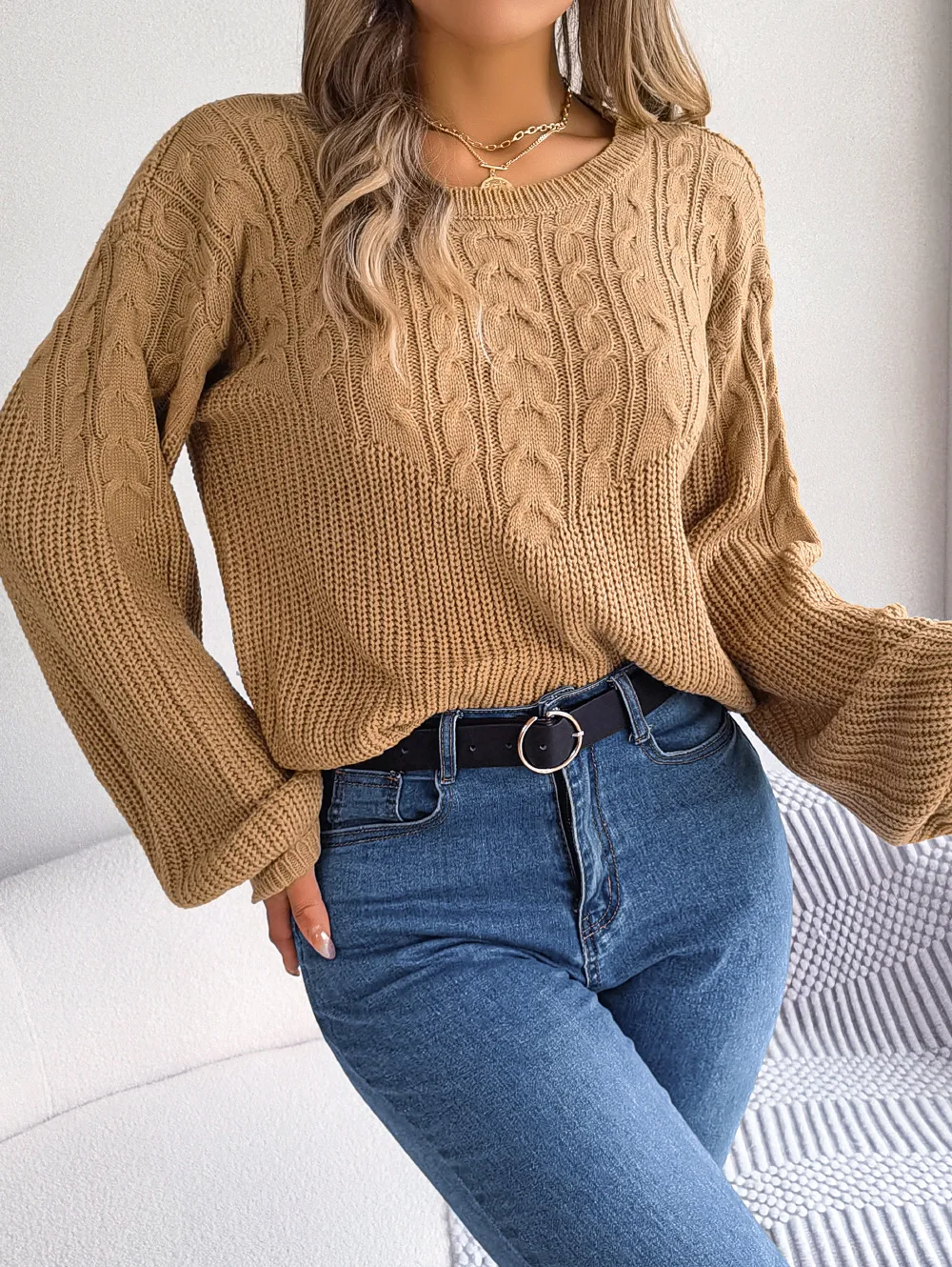 

Sweater for Women Autumn and Winter Casual Twist Design Fashion Splicing Lantern Sleeve Pullover Solid Color Blouse