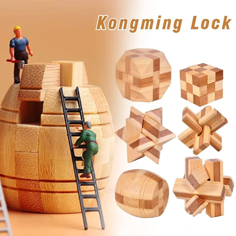

2022 New Design Brain Teaser Kong Ming Lock 3D Wooden Interlocking Burr Puzzles Game Toy For Adults Kids IQ Brain Teaser Kong
