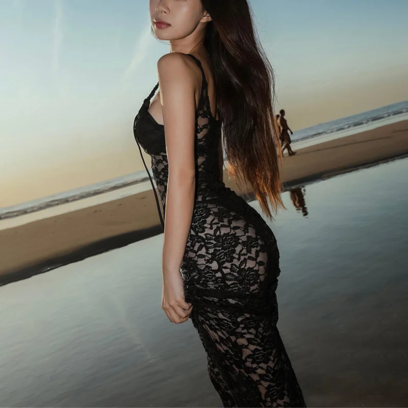 Lace Dresses Women Summer Sheer See Through Spaghetti Strap Sleeveless Bodycon Long Dress Sexy Evening Party Dresses