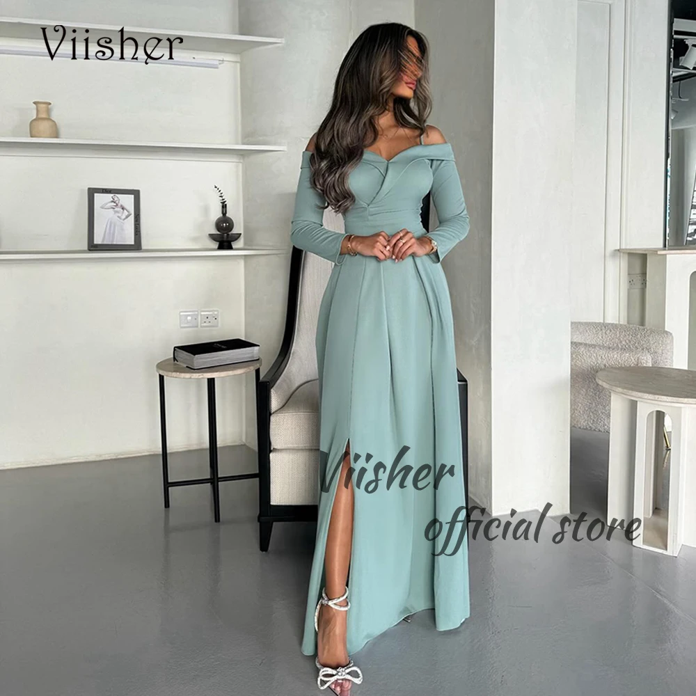 

Viisher Arabian Dubai Mermaid Evening Dresses with Sleeve Spandex Satin Prom Dress Side Split Floor Length Formal Party Gowns