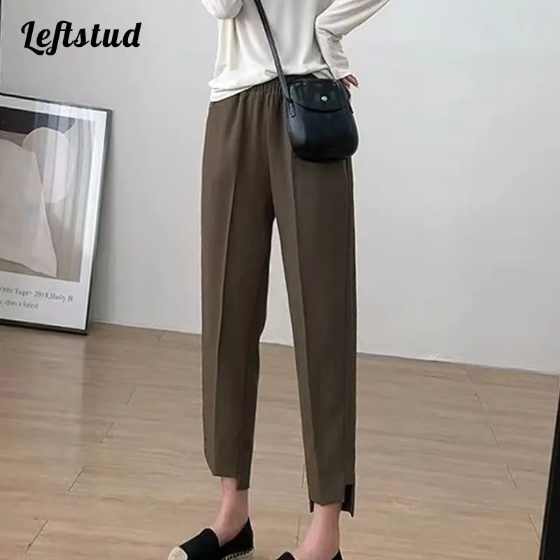 Straight Elastic High Waist Suit Women's Pants 2022 Autumn Korean Fashion Solid Office Lady Flat Ankle-Length Pants for Women 2022 3000c flex banner seaming pvc banner welding machines for flat waterproofing tent 1800w