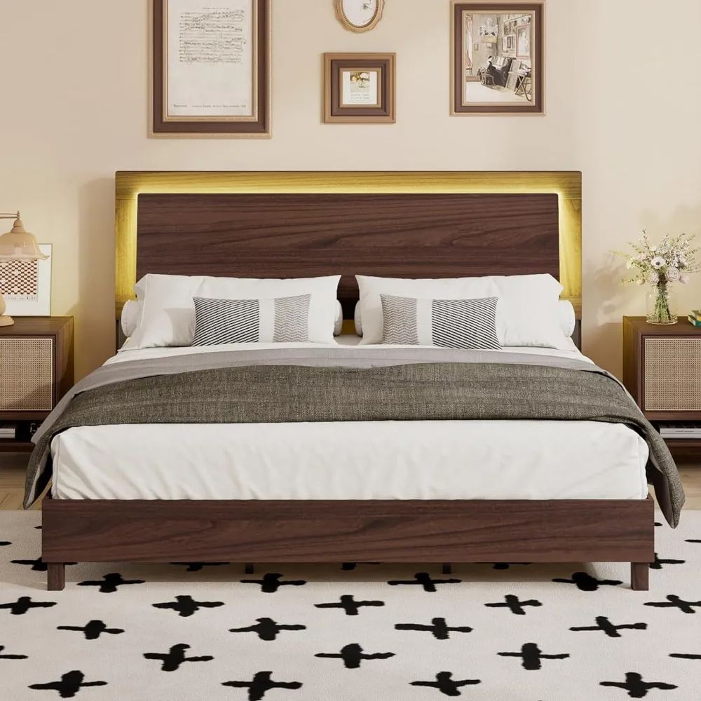 

King Size Wood Bed Frame LED Light, Mid-Century Platform Bed with Floating Headboard and Solid Wood Legs, No Box Spring Needed