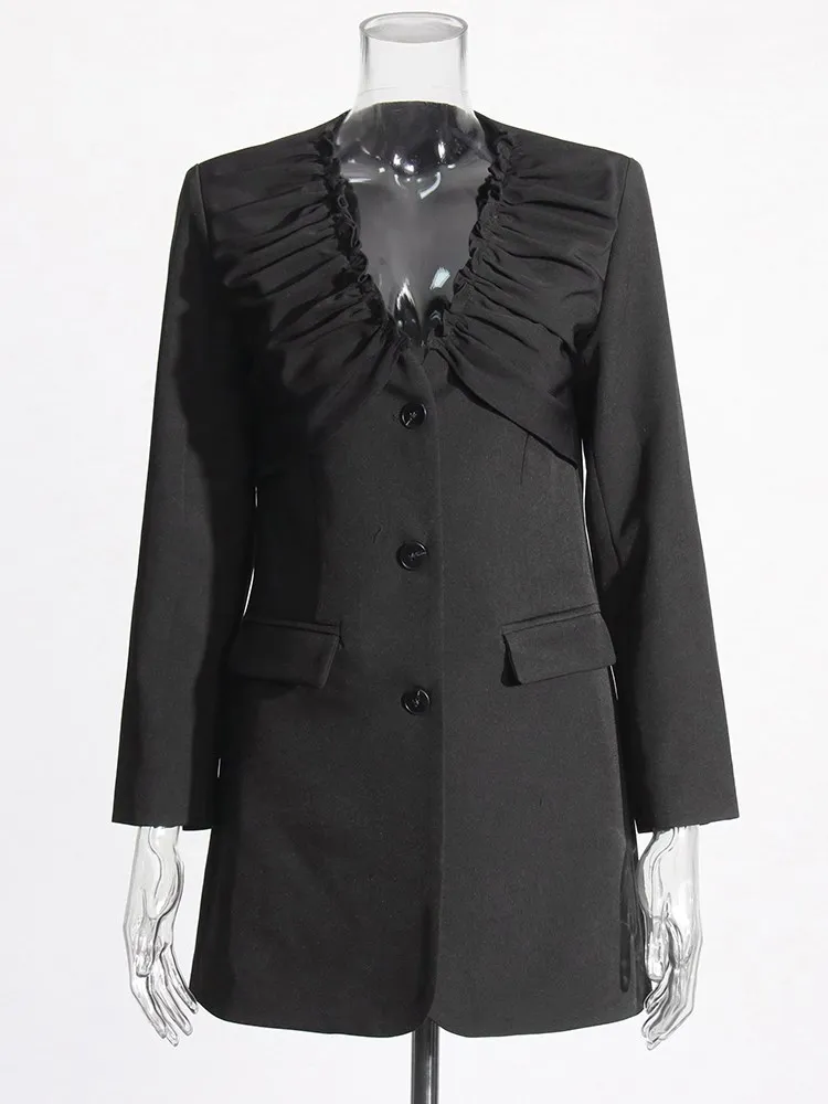 BPN Casual Solid Blazer For Women V Neck Long Sleeve Patchwork Single Breasted Minimalist Blazers Female Fashion Clothing New