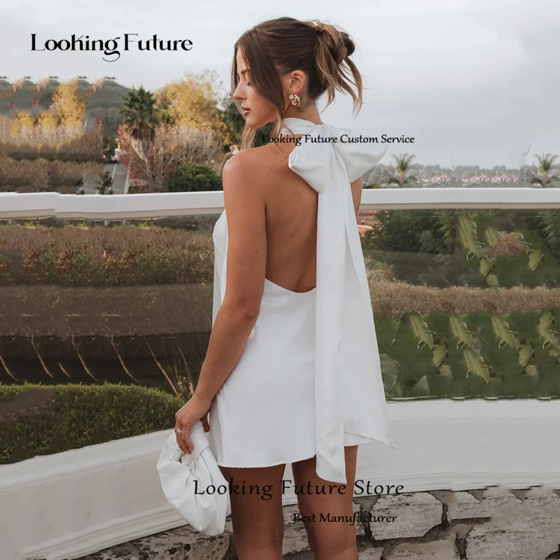 Simple Satin White Sheath Mini Wedding Dress 2025 Sexy Sleeveless High Neck Pleat Bow Elegant Backless Short Gowns Customized 12 Se82a62f593e7483abf04943dc348b5754