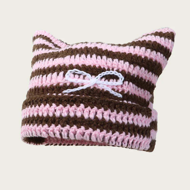 Cat Ears Knitted Hat Handmade Crochet Wool Striped Casual Warm Bonnet Winter Beanie