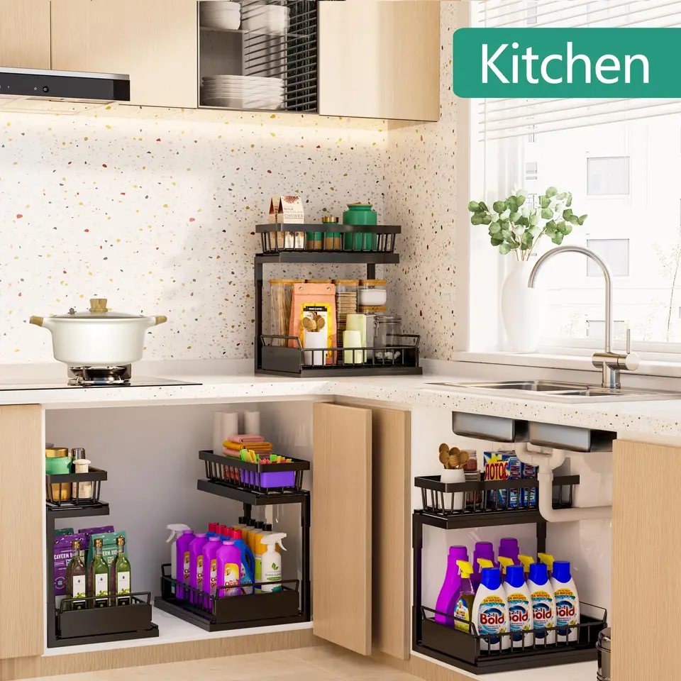 Organizzatore sotto lavello, organizer a 2 ripiani estraibili per armadio da cucina con cassetto scorrevole, organizer multifunzionale per cucina, bagno, dispensa, armadio