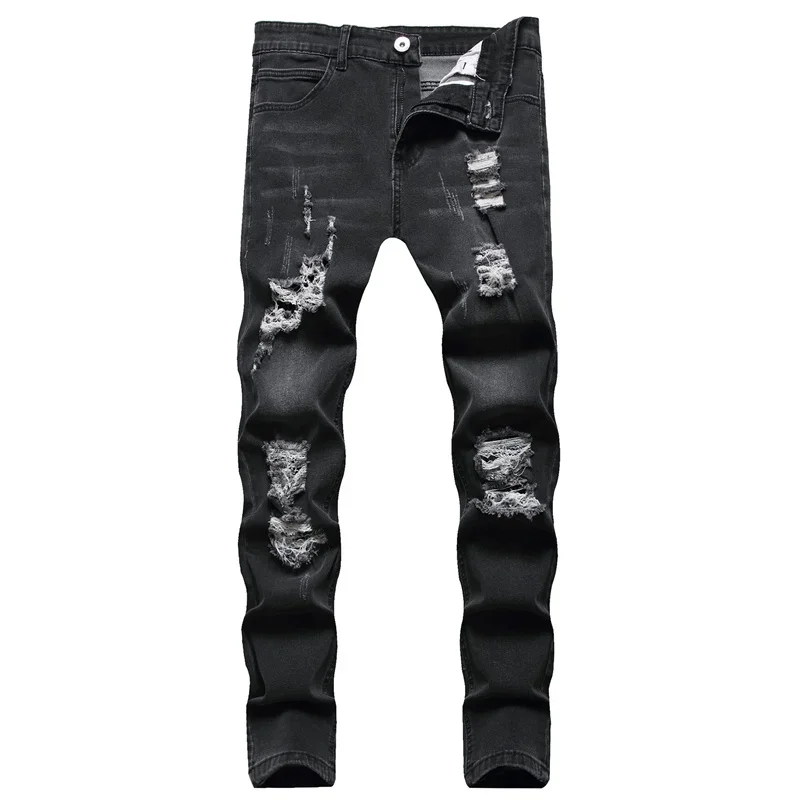 Fashion American Men Summer Patchwork Denim Pants Ripped Cropped Skinny Trouser Ankle-Length Slim Fit Casual Distressed Jeans ripped jeans,ripped patchwork jeans