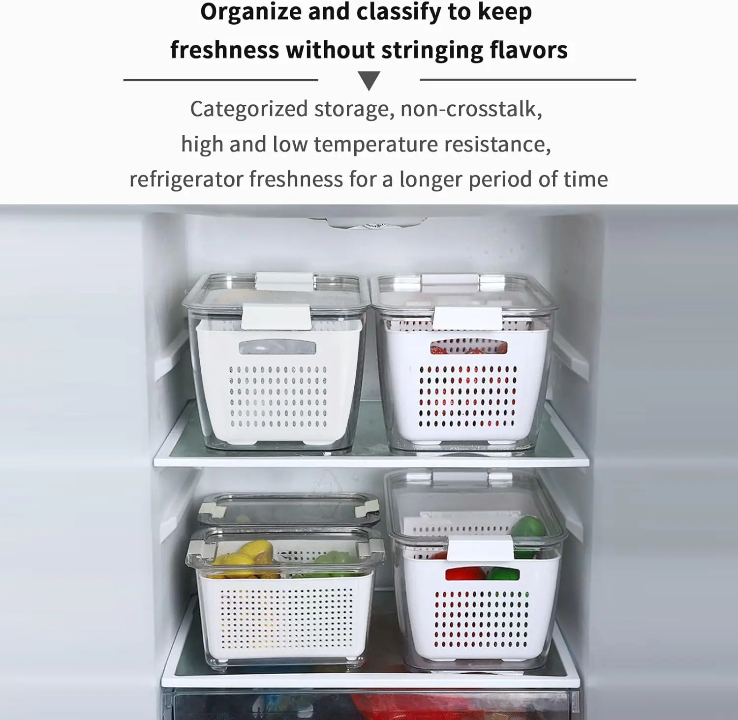 Fridge Food Storage Container Set with Lids with Strainer,Plastic Fresh Produce Saver Vegetable Fruit Meat Organizer 5