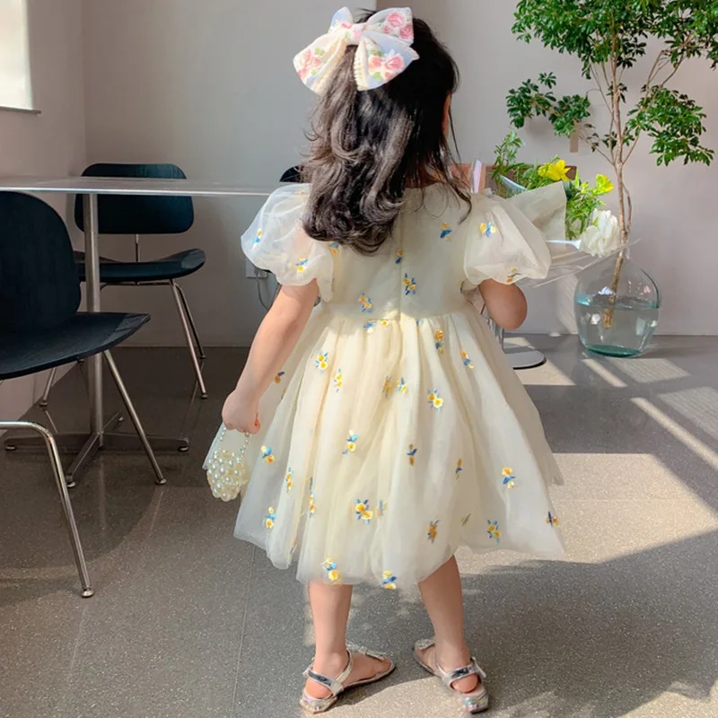 Summer Girls Flower Mesh Princess Dress Kids Cute Puff Short Sleeve Dresses For Girls Korean Clothing Children Dress For 1-6t