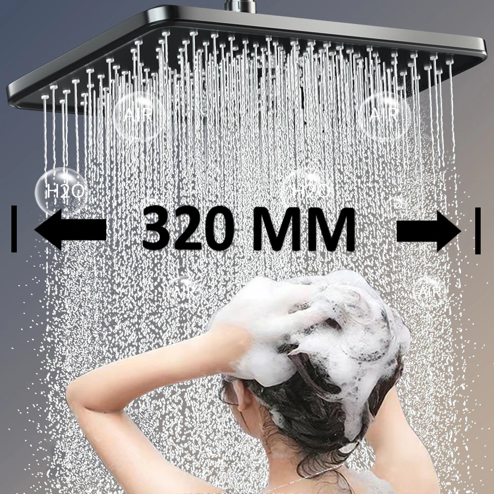 

32 CM Big Panel Large Flow Supercharge Ceiling Mounted Shower Head Black High Pressure Abs Rainfall Shower Bathroom Accessories