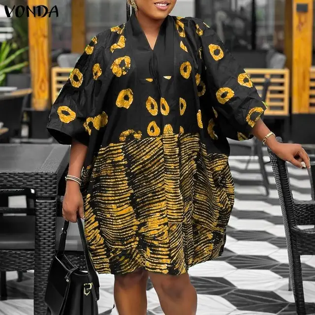 Plus Size Bohemian Vestidos 5XL VONDA Print Mini Dresses Women 3/4 Sleeve V-Neck Casual Loose Party Holiday Autumn Fashion Robe