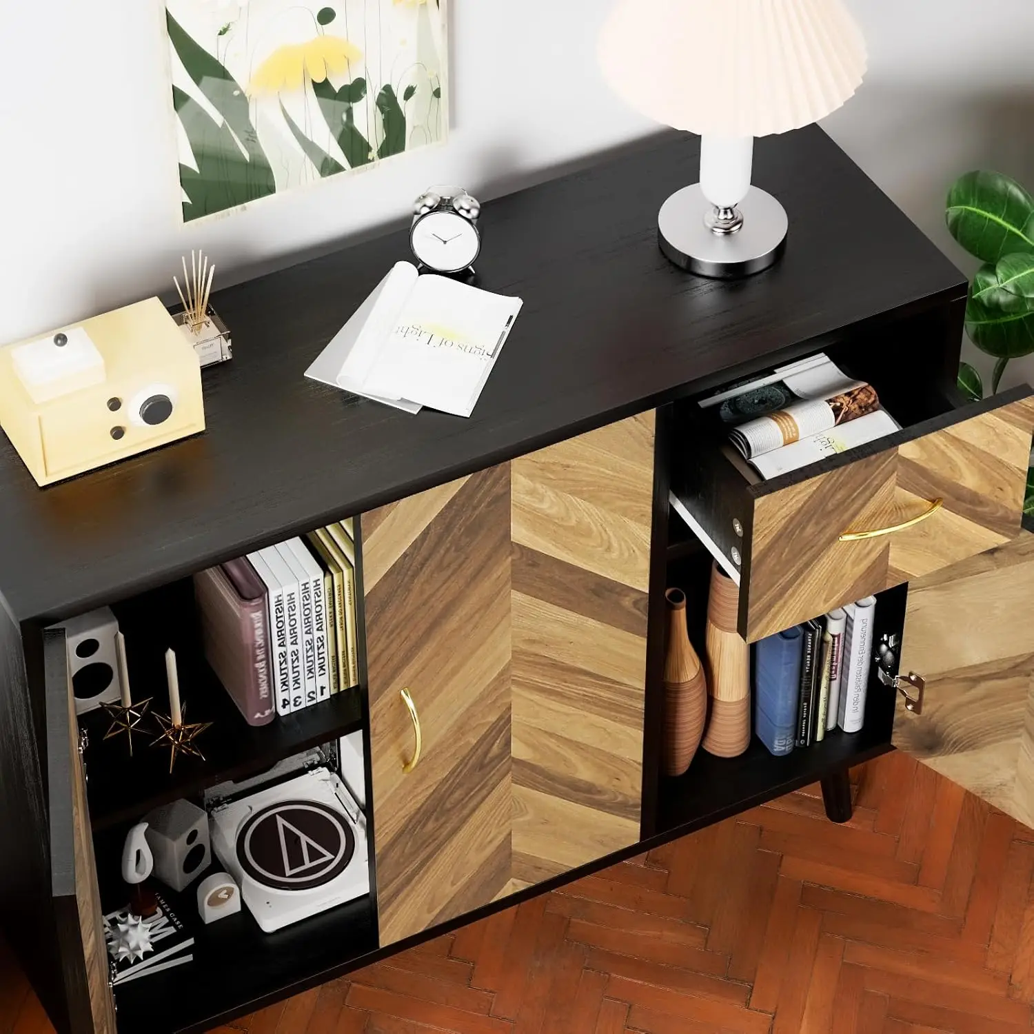 Sideboard Buffet Cabinet with Storage &3Doors,35"Long Mid-Century Modern Sideboard with Drawer,Hallway Credenza Storage Cabinets