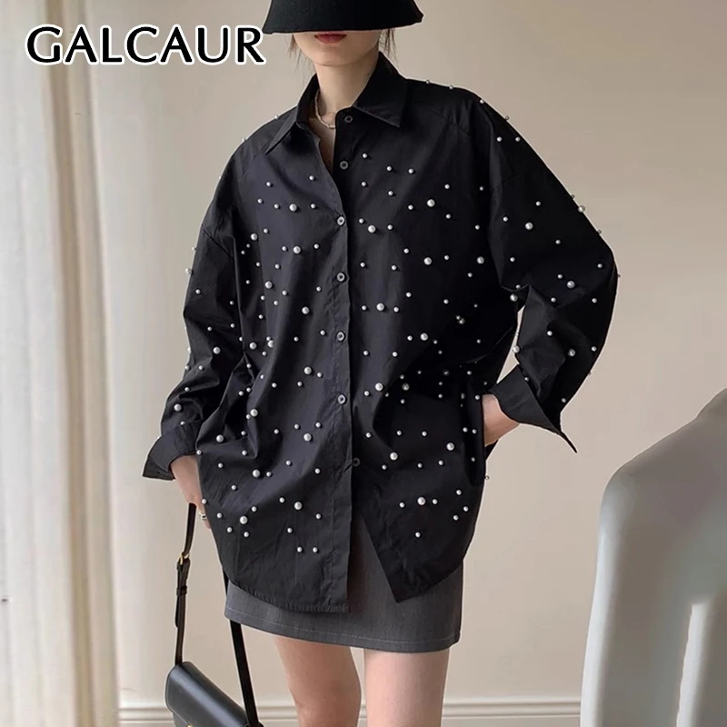 

GALCAUR Casual Patchwork Pearl Shirt For Women Lapel Long Sleeve Single Breasted Korean Minimalist Fashion Loose Blouse Female