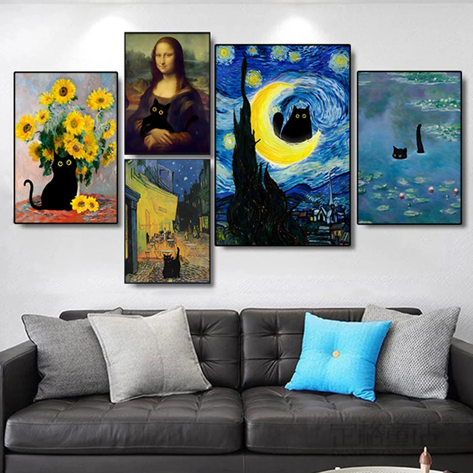 Funny Black Cat Wall Art - Van Gogh Starry Night Inspired Canvas Painting, 8x10 Inches, Framed
