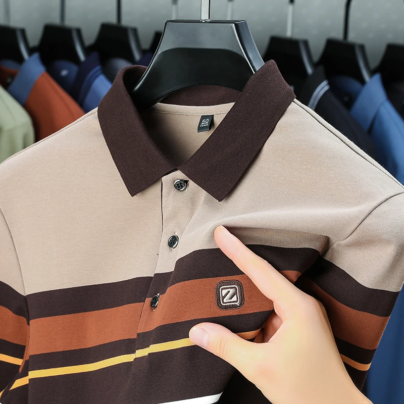 

2023 Autumn New Contrast Stripe Long Sleeve Polo Shirt for Men's High end Fashion Embroidery Business Casual lapel T-shirt