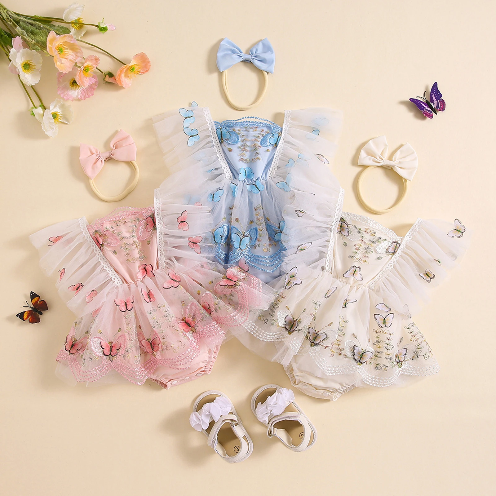 

Baby Girls Rompers Dress Lace Trim Butterfly Pattern Embroidered Fly Sleeve Tulle Skirt Hem Bodysuits Clothes with Headband