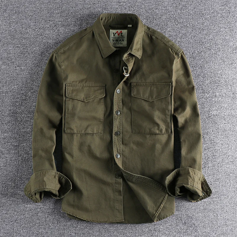 

Spring Autumn Male Retro Shirts Cargo Jacket Canvas Cotton Military Casual Work Safari Style Mens Classical Tops