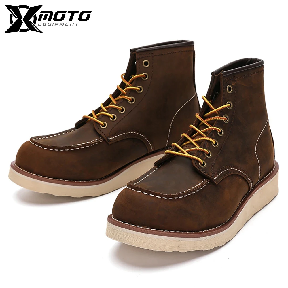 

Super Quality Cowhide Casual Boots Racing Motorcycle Ankle Boots Genuine Leather Vintage Shoelace Ankle High Work Boots EU 39-44