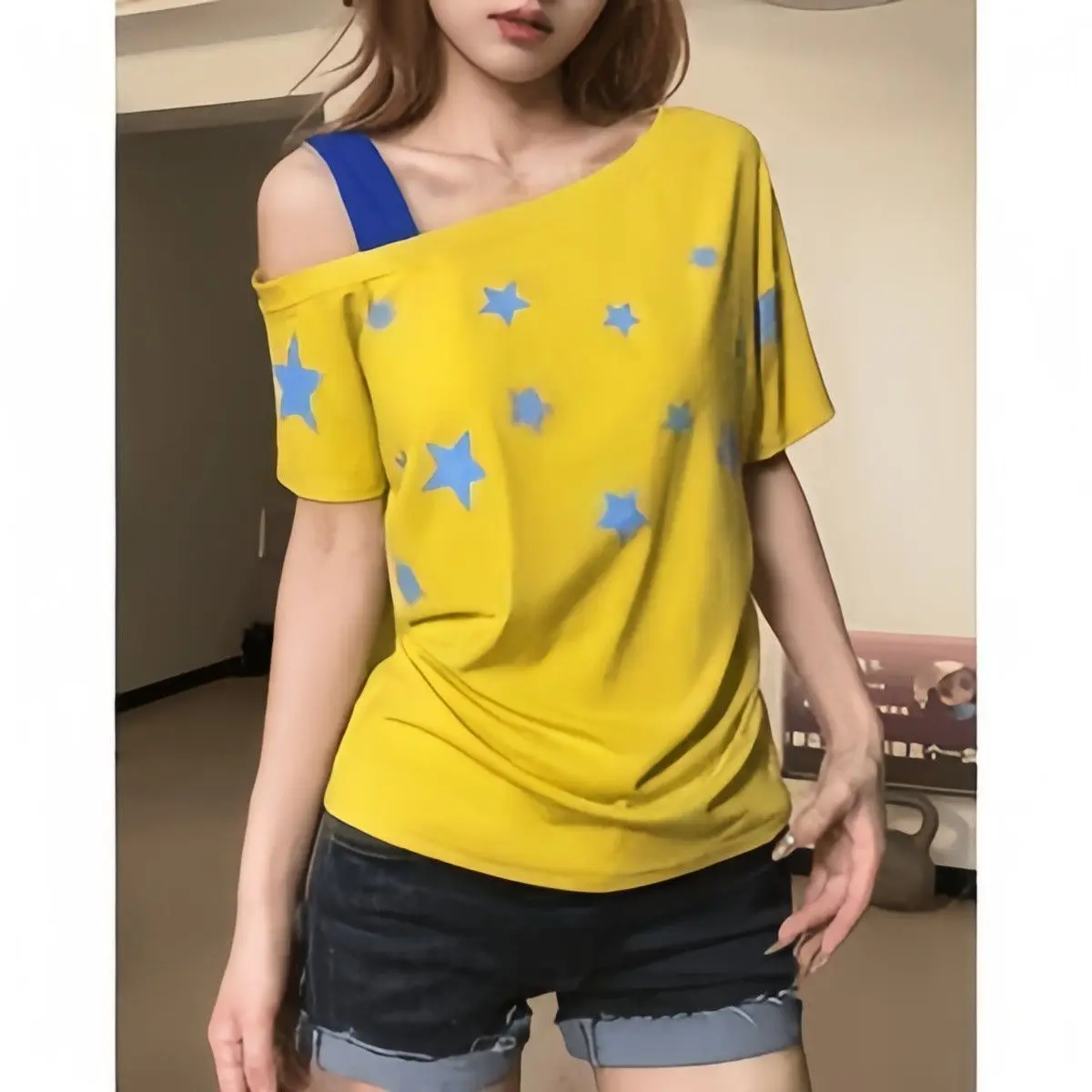 100% Baumwolle Off-Shoulder-Top für Damen, Fake-Two-Piece-Set, Y2k-Stern-Grafik, Oversize-T-Shirt mit kurzen Ärmeln und Trägern, Sommer-T-Shirts – Detail 3