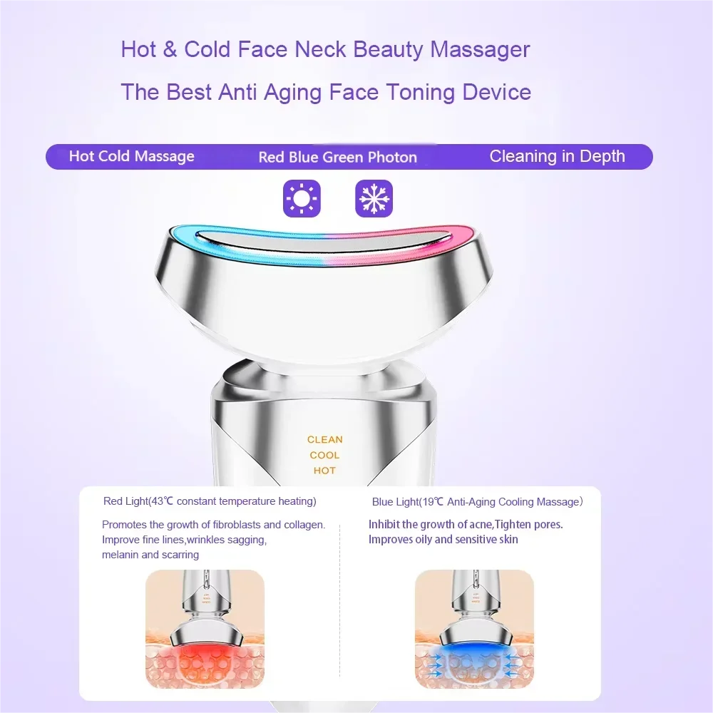 Skin Tightening Device 3 in 1 Face Massager LED Hot Cold Therapy for Anti Wrinkle and Sagging Skin Lifting At Home Neck Care