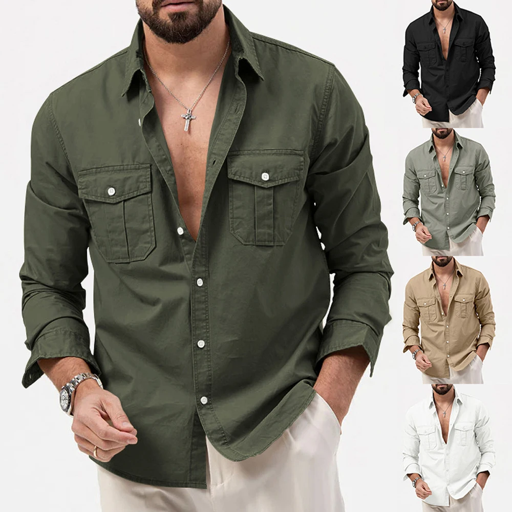 Mens Casual Long Sleeve Shirt Spring Fashion Lapel Multi-pocket Button Shirt Militar Tactical Shirts Daily Work Tops S-3XL