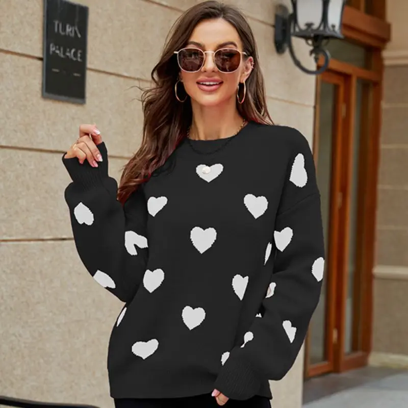

New Sweet Valentine's Day Love Pullover Round Neck Jacquard Women's Knitwear Loose Long Sleeve Women's Large Sweater