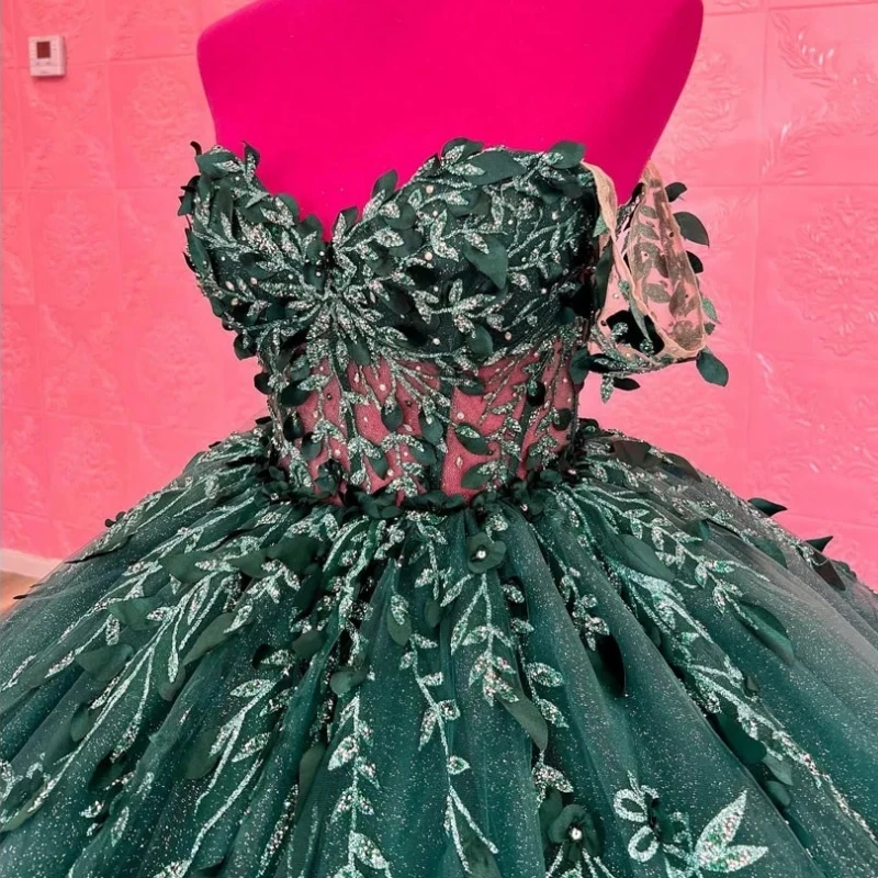 

Real Picture Emerald Green Quinceanera Dresses Off Shoulder Applique Corset Women Prom Party Dress Vestido De 15 Anos Pageant