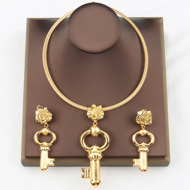 African Gold Color Jewelry Sets Fashion Key Cross Pendant Earrings Necklace Set For Women Bridal Weddings Party Anniversary Gift