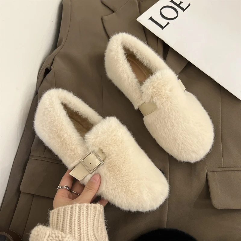 

2023 Spring and Autumn winter Fashion New Solid Color Fur Belt Buckle Women Shallow Mouth Flat Shoes Comfortable Women's Shoes