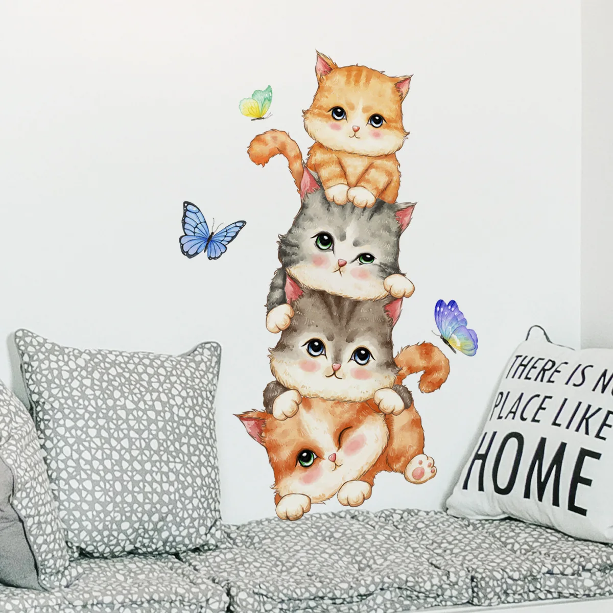 T45# Cartoon Animal Kitten Butterfly Wall Sticker Kids Room Background Home Decoration Mural Living Room Wallpaper Funny Decal