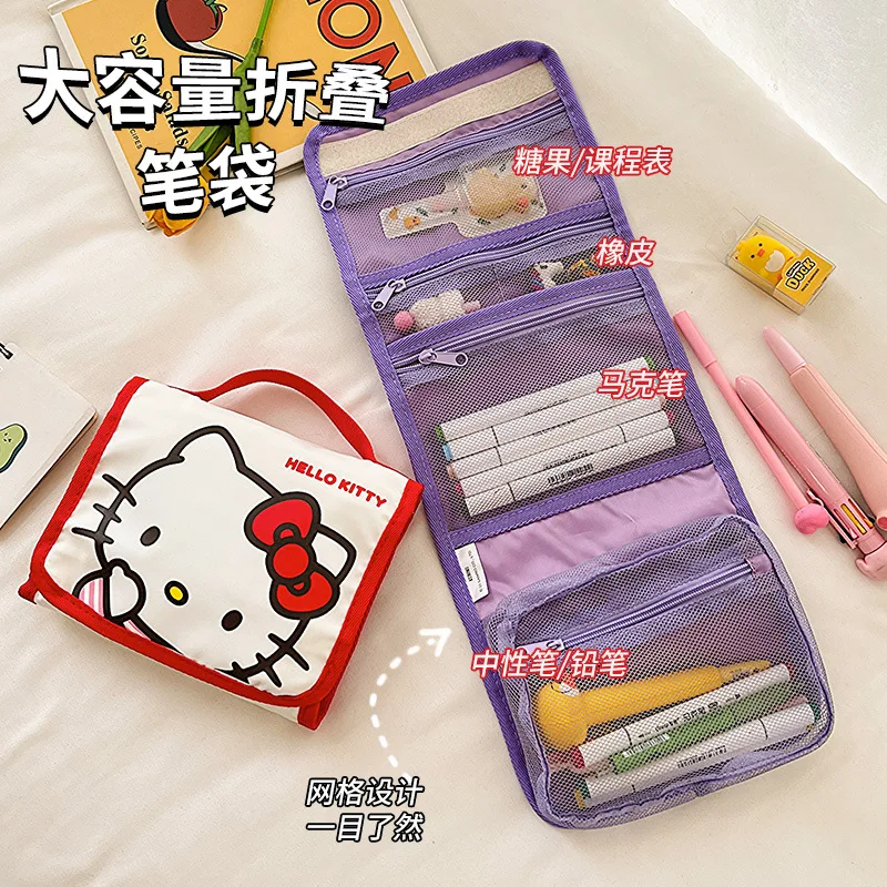 

Sanrio Cartoon Makeup Bag Cinnamoroll Melody Kuromi Portable Foldable Large Capacity Toiletry Bag Pen Stationery Organizer Tool