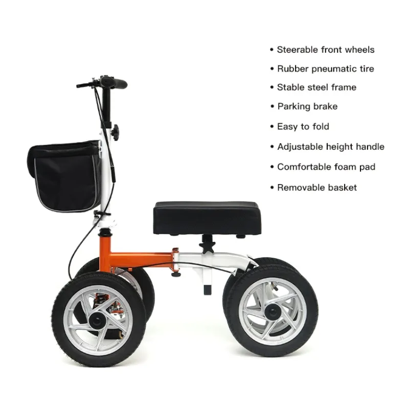 

Equipment Orange Steel Knee Scooter Rehabilitation Use Adjustable Steerable 4 Wheels Rollator for Lower-leg Injury