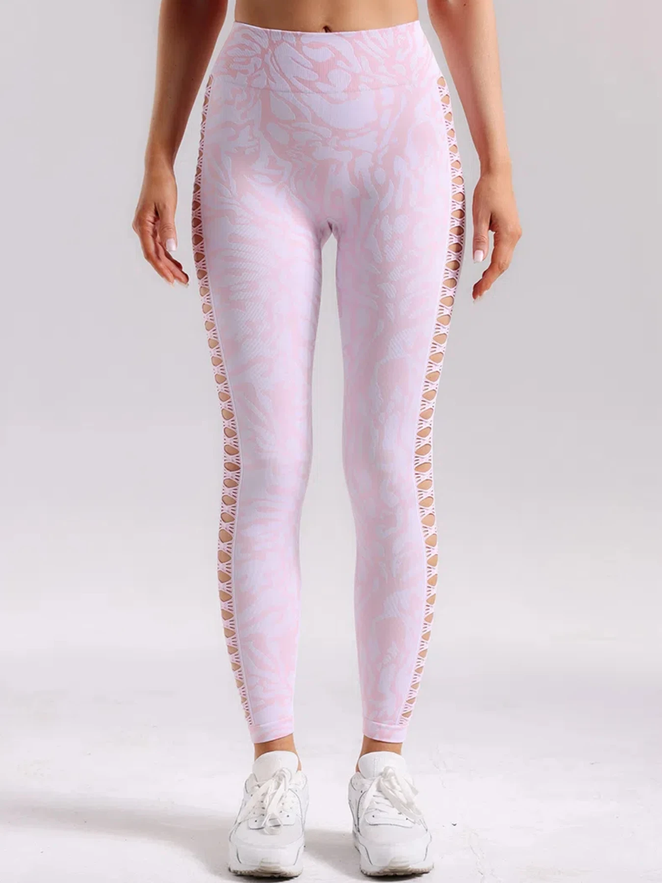 Nahtlose, seitlich hohle Yoga-Hose mit hoher Taille, rutschfeste Fitness-Laufhose für Damen, lange Sporthose mit pfirsichfarbenem Boden – Detail 5