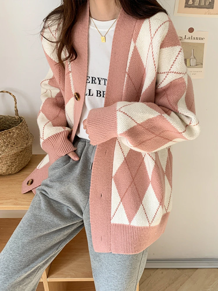 

Knitted Sweater Cardigan for Women Argyle Sweater Loose Long Sleeve Top Women Pink Cardigans Coat Autumn 2021 Women's Clothing
