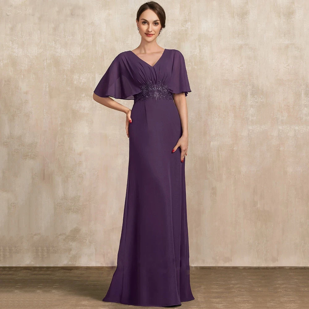 

Purple V Neck Short Sleeves Mother of the Bride Dresses For Weddings فساتين السهرة Pleat Lace Sequin Appliques