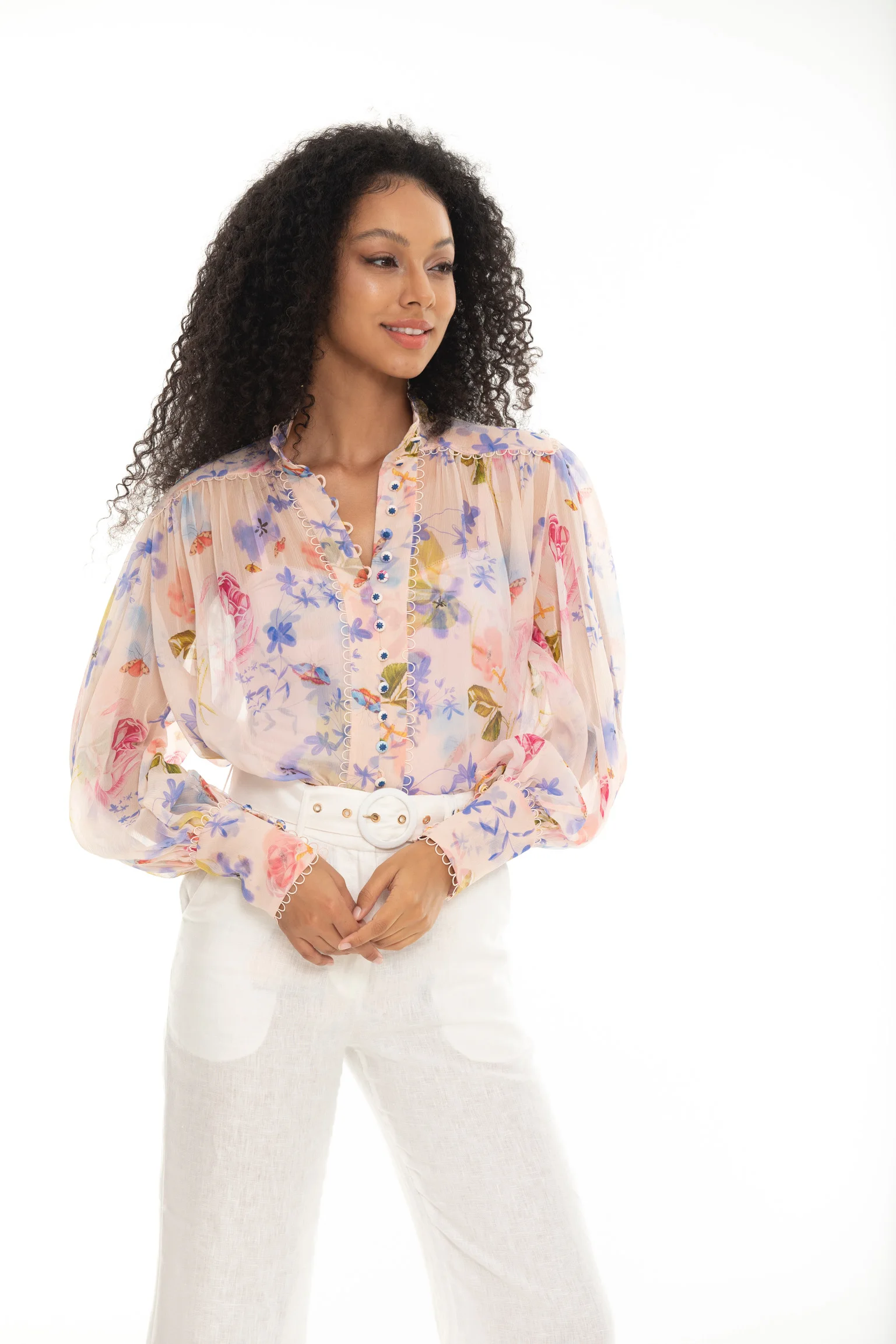 

Women Blouse Printed Stand Collar Lantern Sleeve Or Pants
