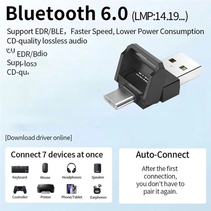 B03B-무선 어댑터 2 in 1 블루투스 6.0 USB/타입 C 미니 스테레오 오디오 수신기 송신기 TV PC 차량용 키트