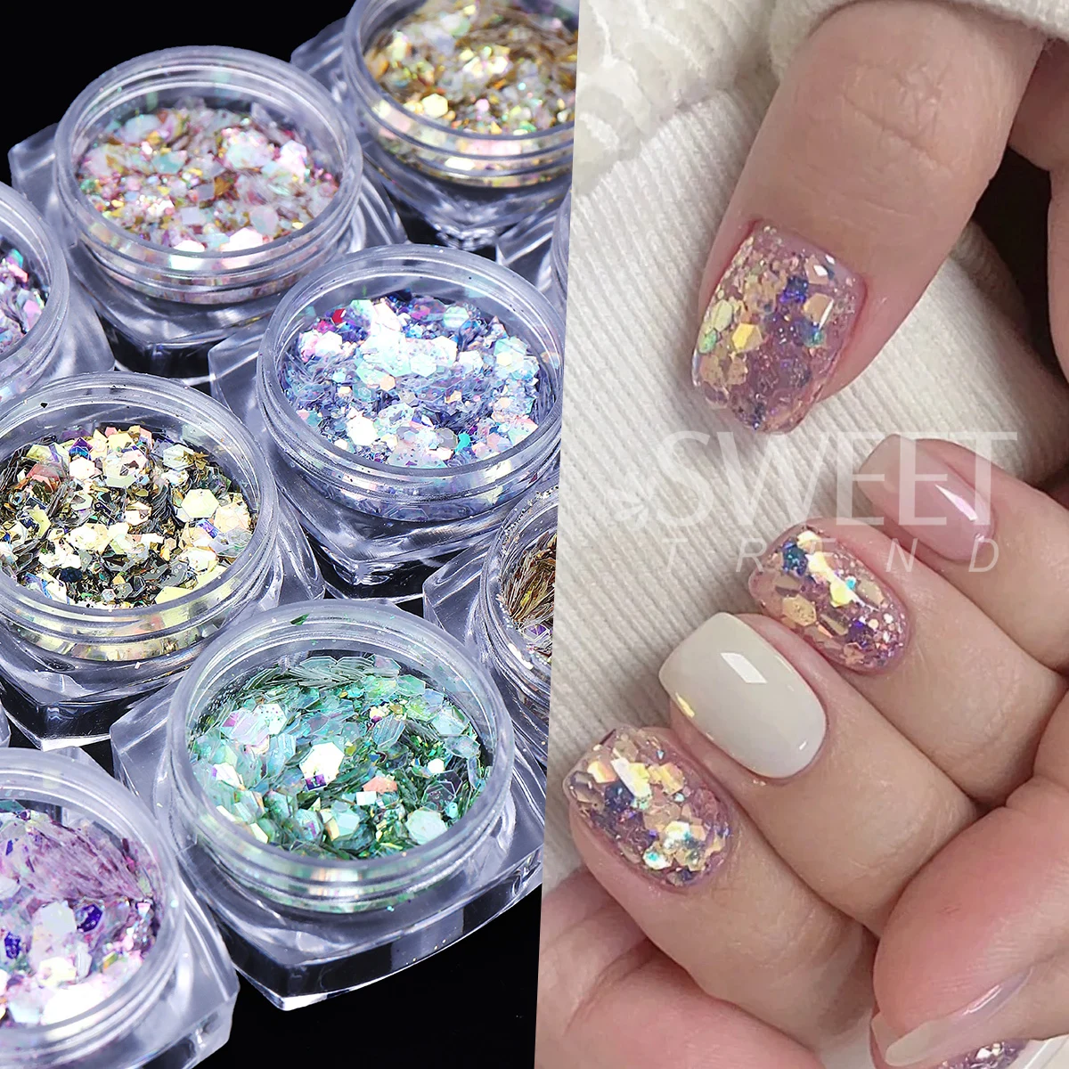 12pcs Sparkle Hexagon Nail Art Sequin Holographic Chunky Glitter Flakes Y2K Mermaid Mixed Slices Spangles Iridescent 3D Manicure