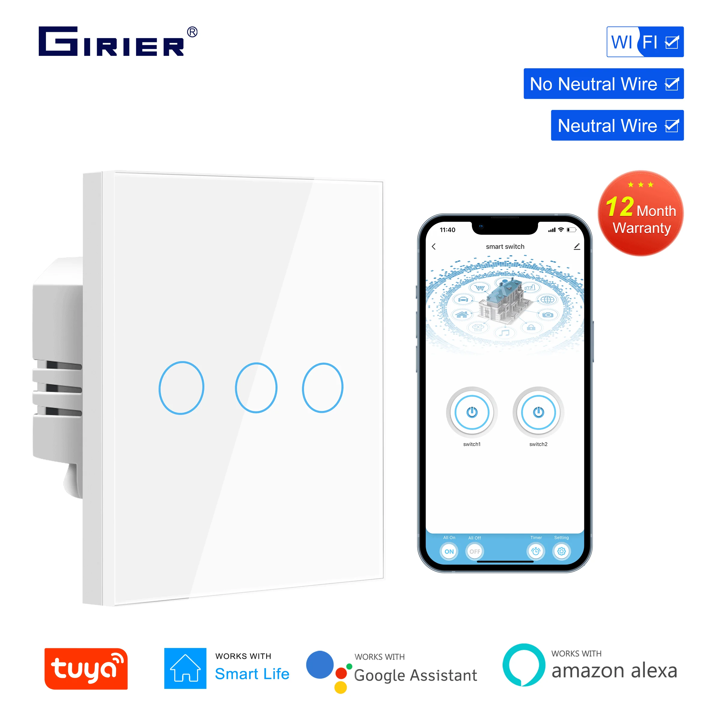 Girier Tuya Inteligente Wifi Interruptor de Luz sem Fio Neutro Necessário Interruptor de Parede do Painel Toque Gang Trabalhar com Alexa Alice Hey Google