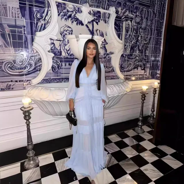 Robe Maxi élégante pour femmes, à volants, manches longues, ajourée, robes de soirée, Chic, vert, bleu, violet, nouveau, vacances d'été
