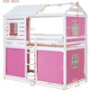 Twin Over Twin Bunk Bed with Tent, Wood Twin Size House Bed Frame, , Pine Wood, MDF House Bunk Bed Pink+White Modern Plywood 2