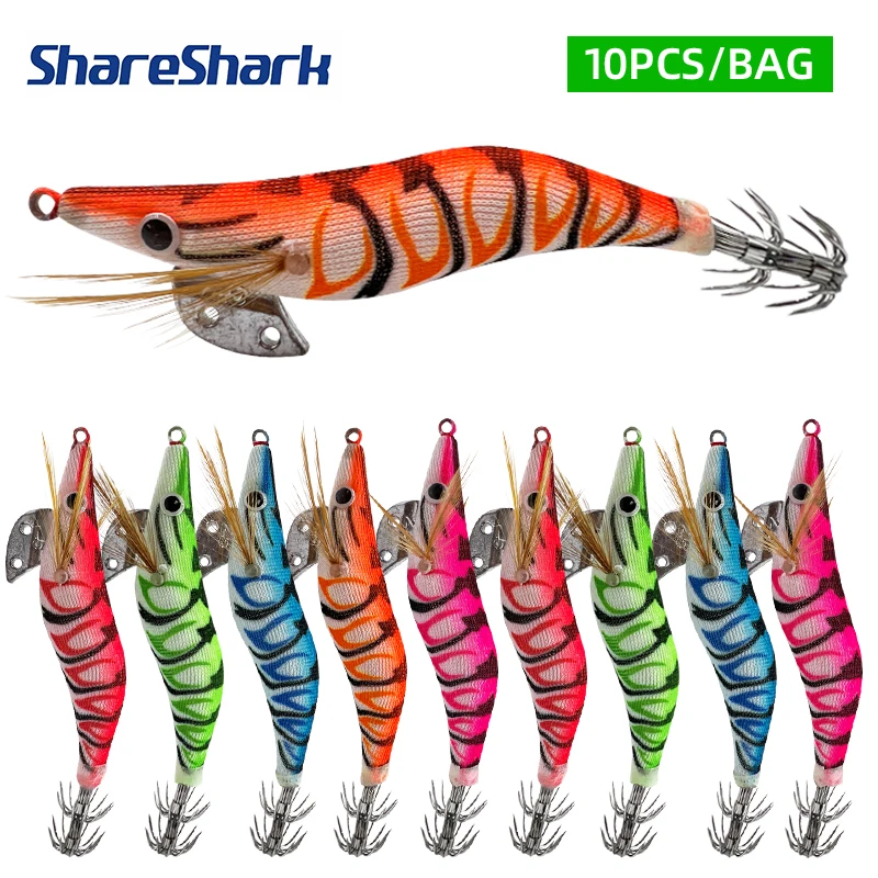 ShareShark 10 Stück/Set Angelköder aus Holz, Leuchtende Tintenfisch- und Oktopus-Köder mit 3D-Augen, Harter Köder, Angelzubehör
